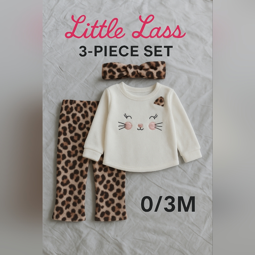 Little Lass Baby Girl 3‑Piece Outfit Set Leopard Pants Top & Headband Size 0/3M